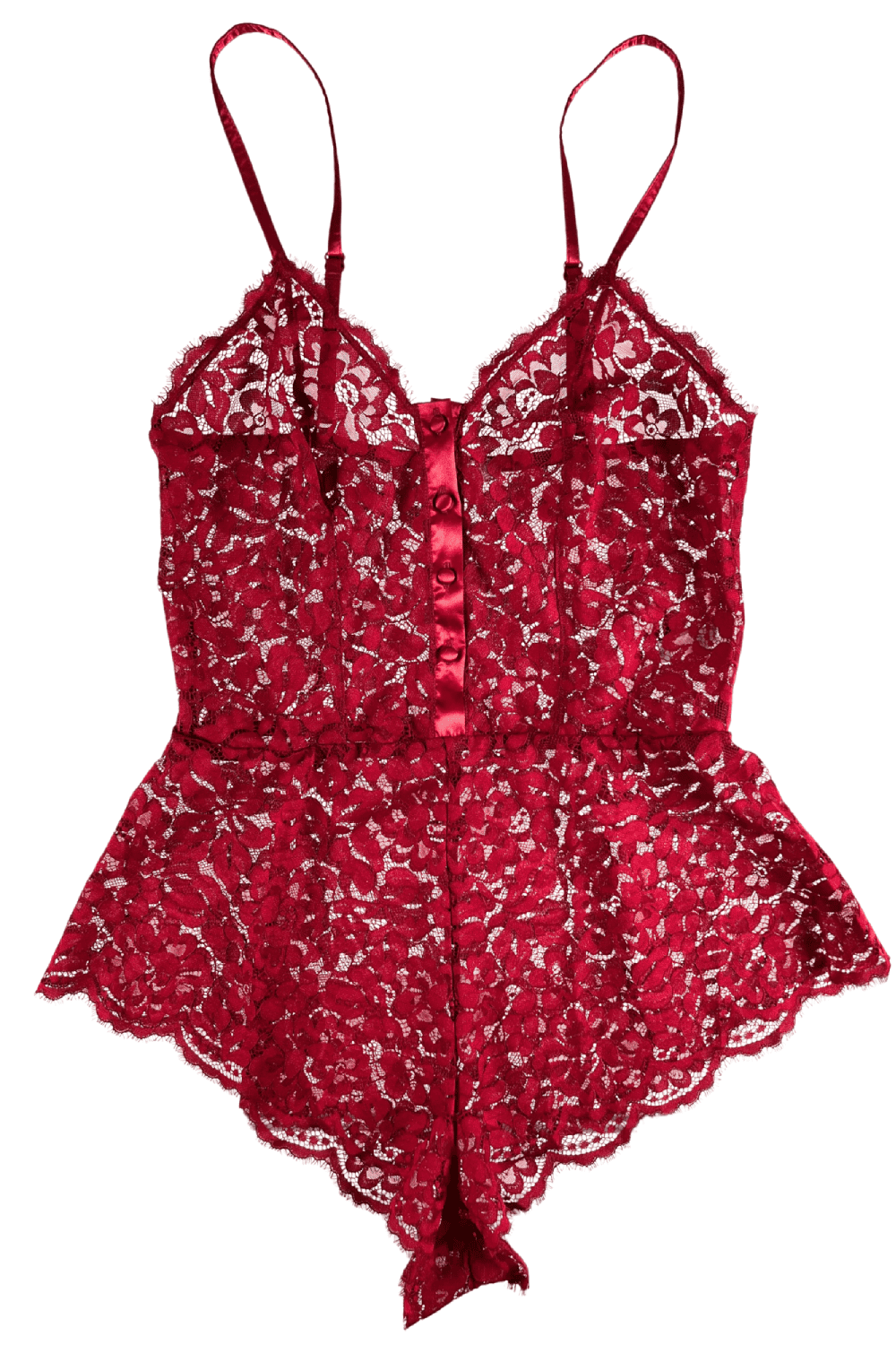 Cosabella magnolia romper in sindoor red, white background, close-up.