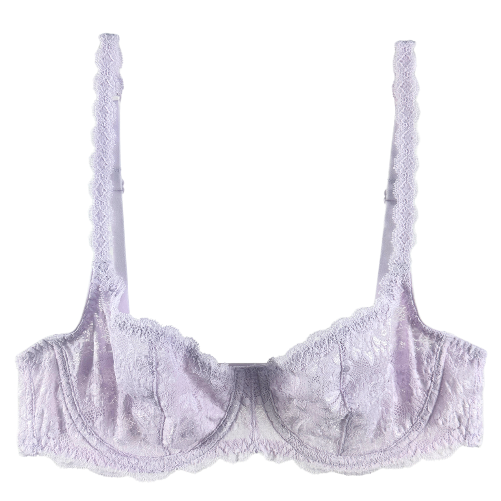 A light lavender lace bra with wide, adjustable shoulder straps and scalloped edges, shown against a plain white background.
