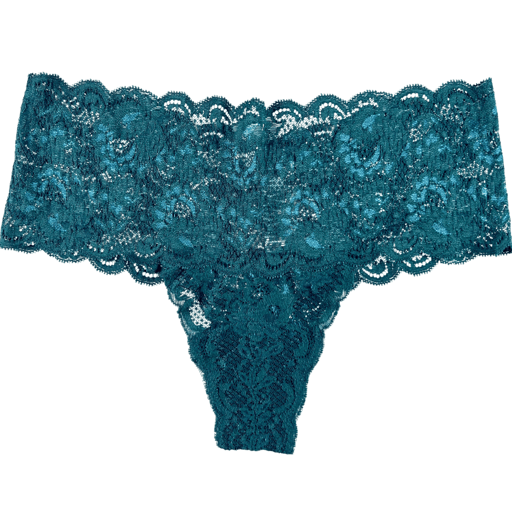 Green lace underwear against a white background