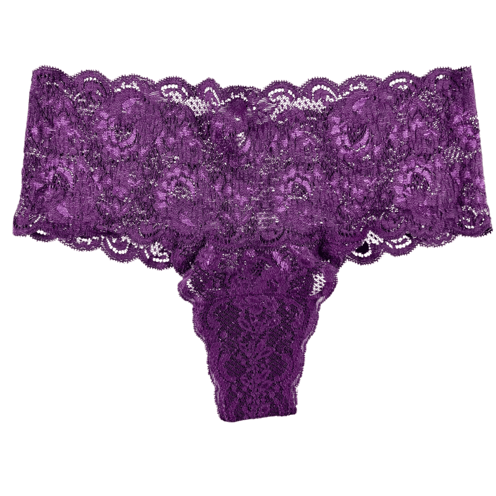 Purple lace underwear against a white background