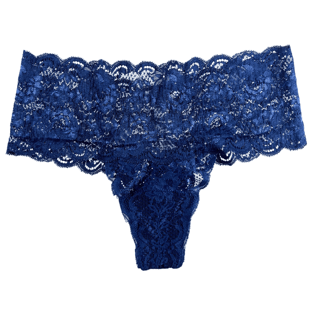 Blue lace thong on a white background