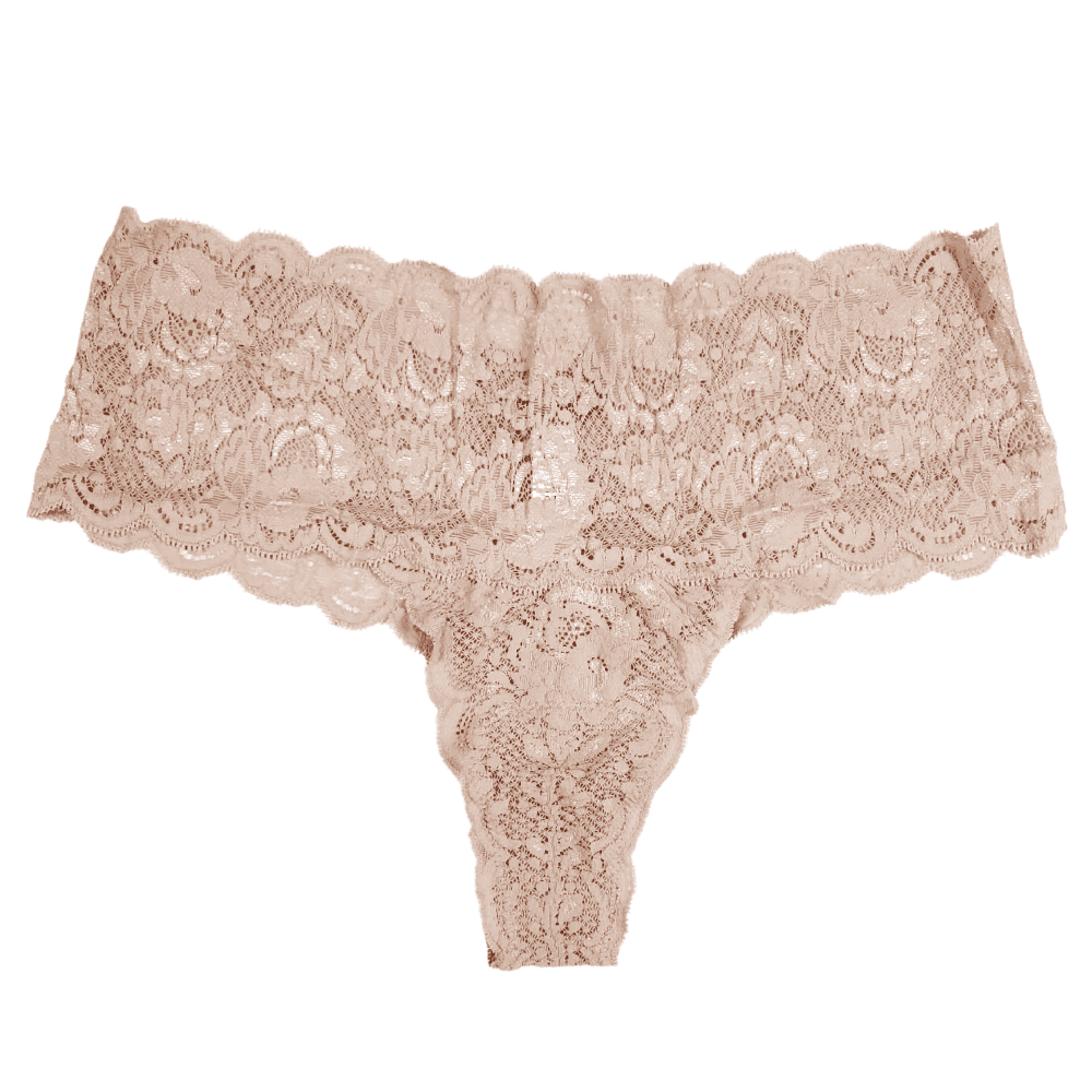 Beige lace thong against white background 