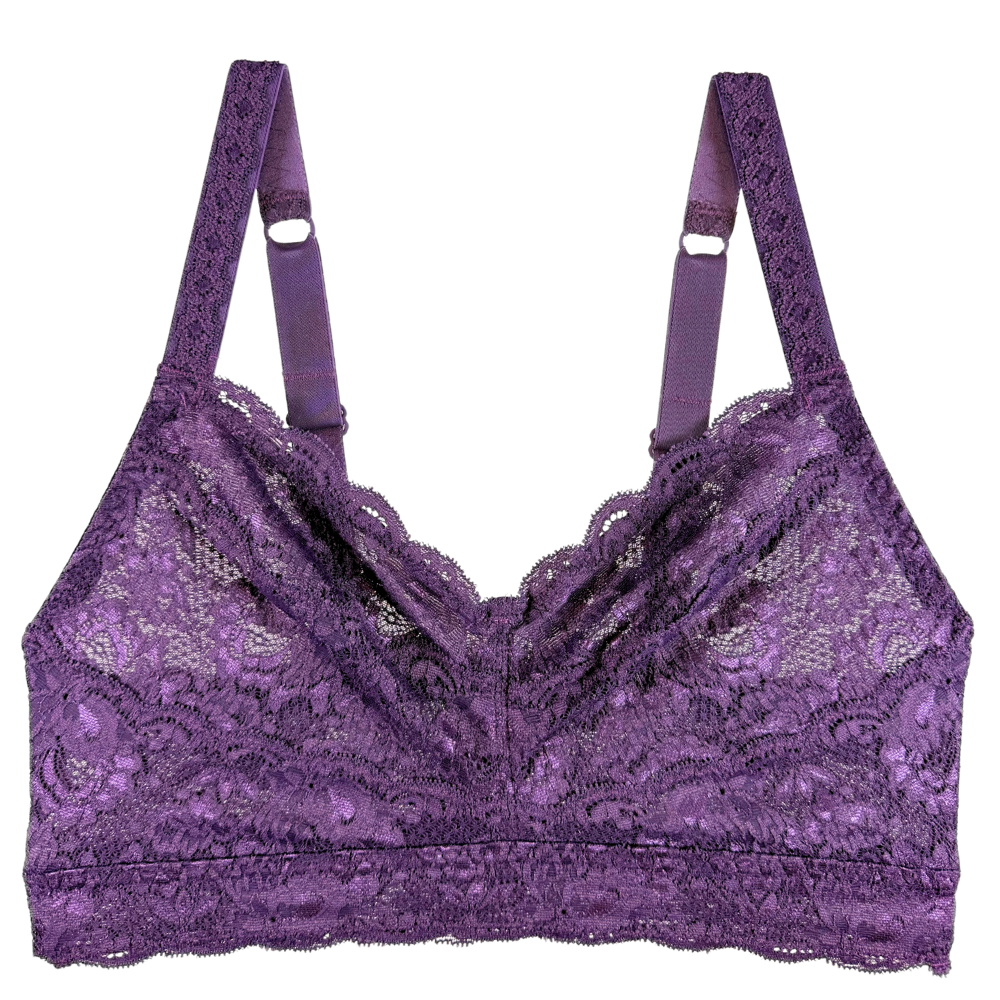 A purple lace underwire bra with adjustable shoulder straps and a scalloped lace trim, shown against a plain white background.