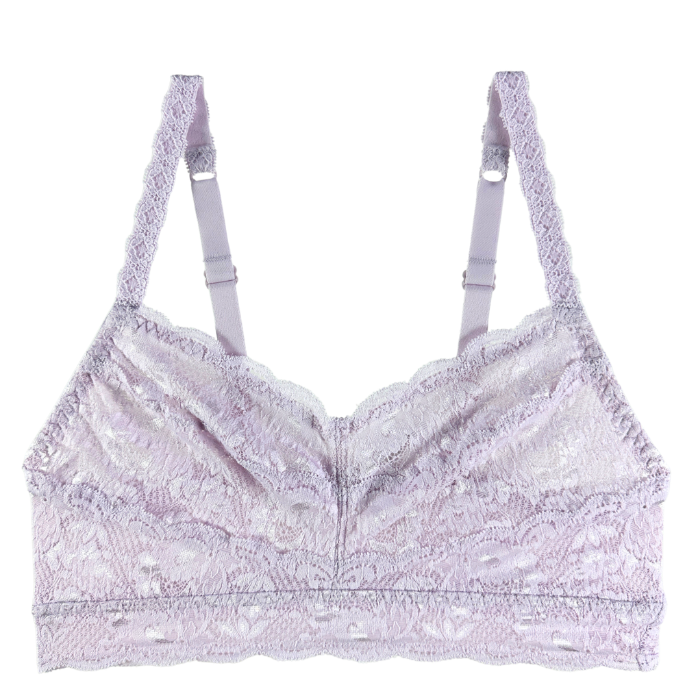A light lavender lace bralette with adjustable shoulder straps and a scalloped lace trim, shown against a plain white background.