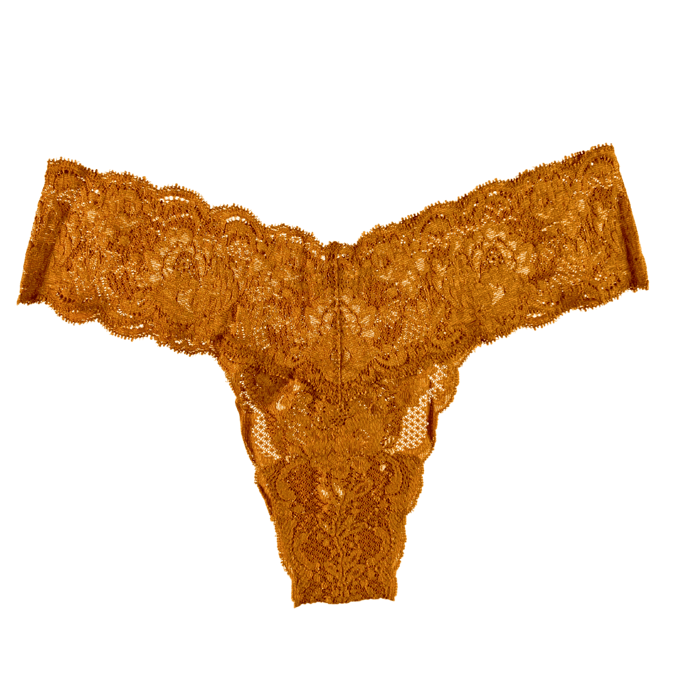 Orange lace thong against white background