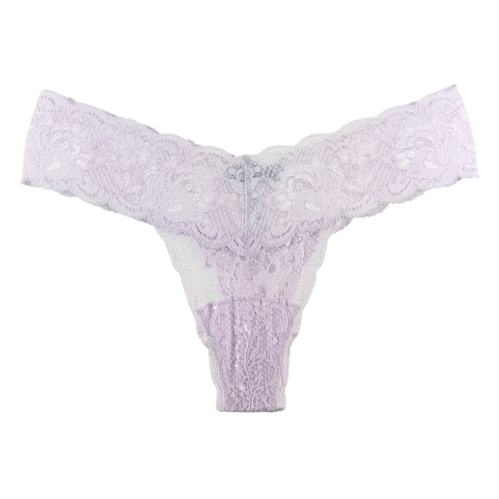 A pair of women's lace thong panties in a very pale lavender purple, featuring intricate floral lace patterns and a center back zipper, shown against a plain white background.