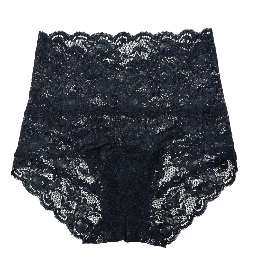 Cosabella never say never high waisted bikini in black, white background, close-up.