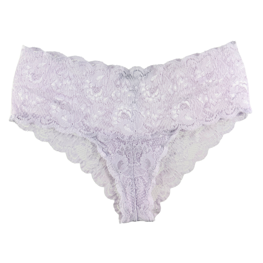 Light lavender lace panties with a wide floral lace waistband and scalloped edges, shown flat against a white background.