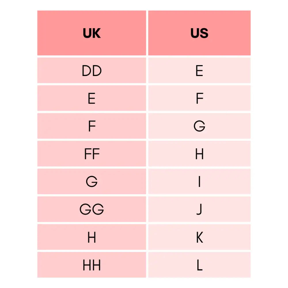 Elomi Cate Side Support Wire Free Bra in black UK and US size chart showing band and cup size conversions.