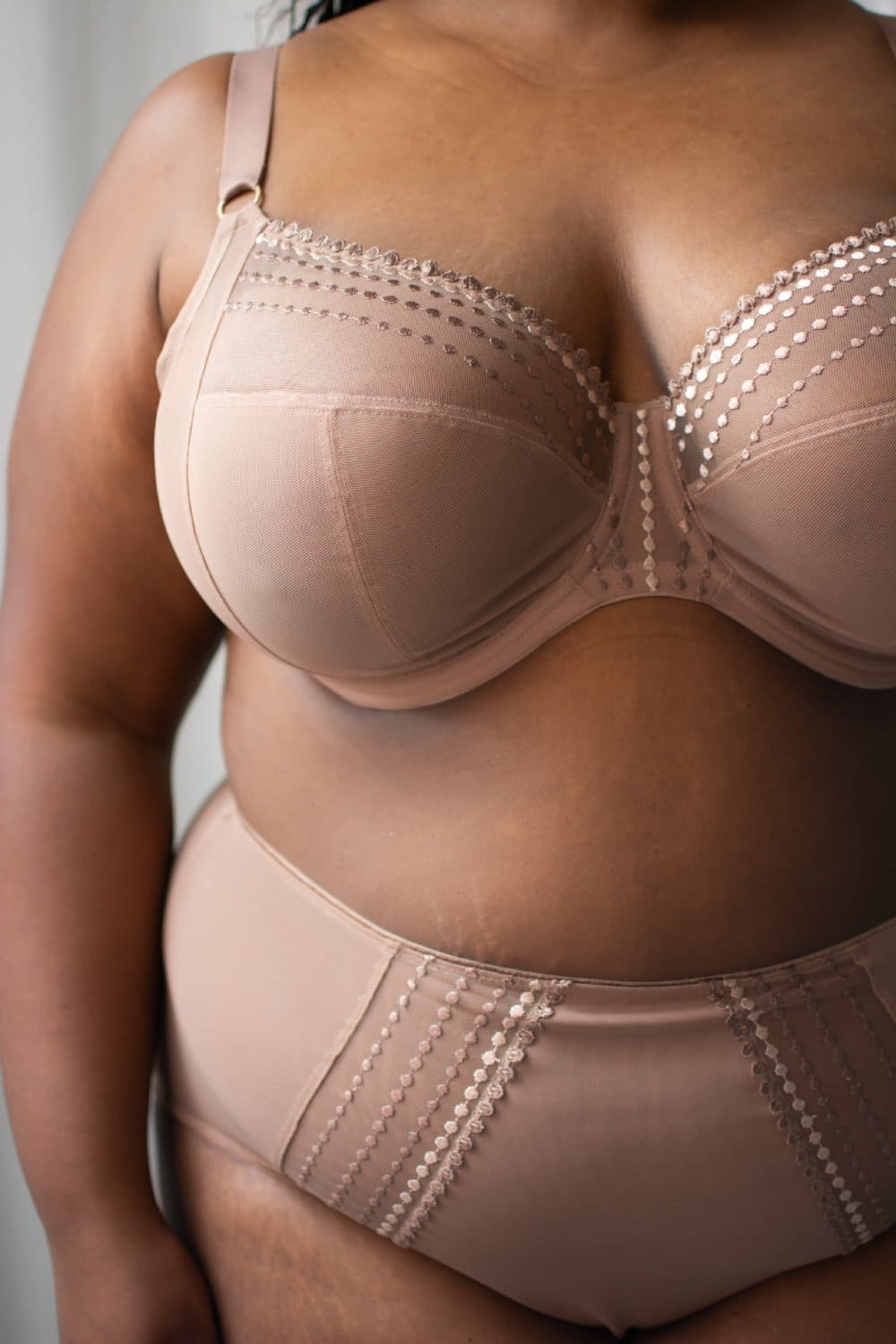 Elomi matilda plunge bra in praline, front view on a model, close-up.