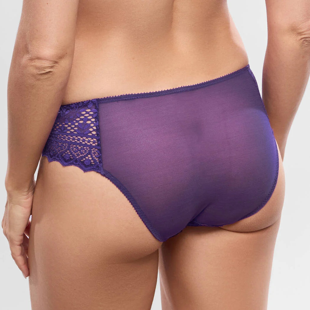 Back of a purple lace brief on a model. 