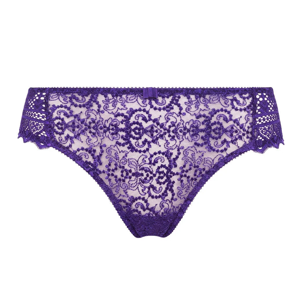 Purple lace brief on a white background.