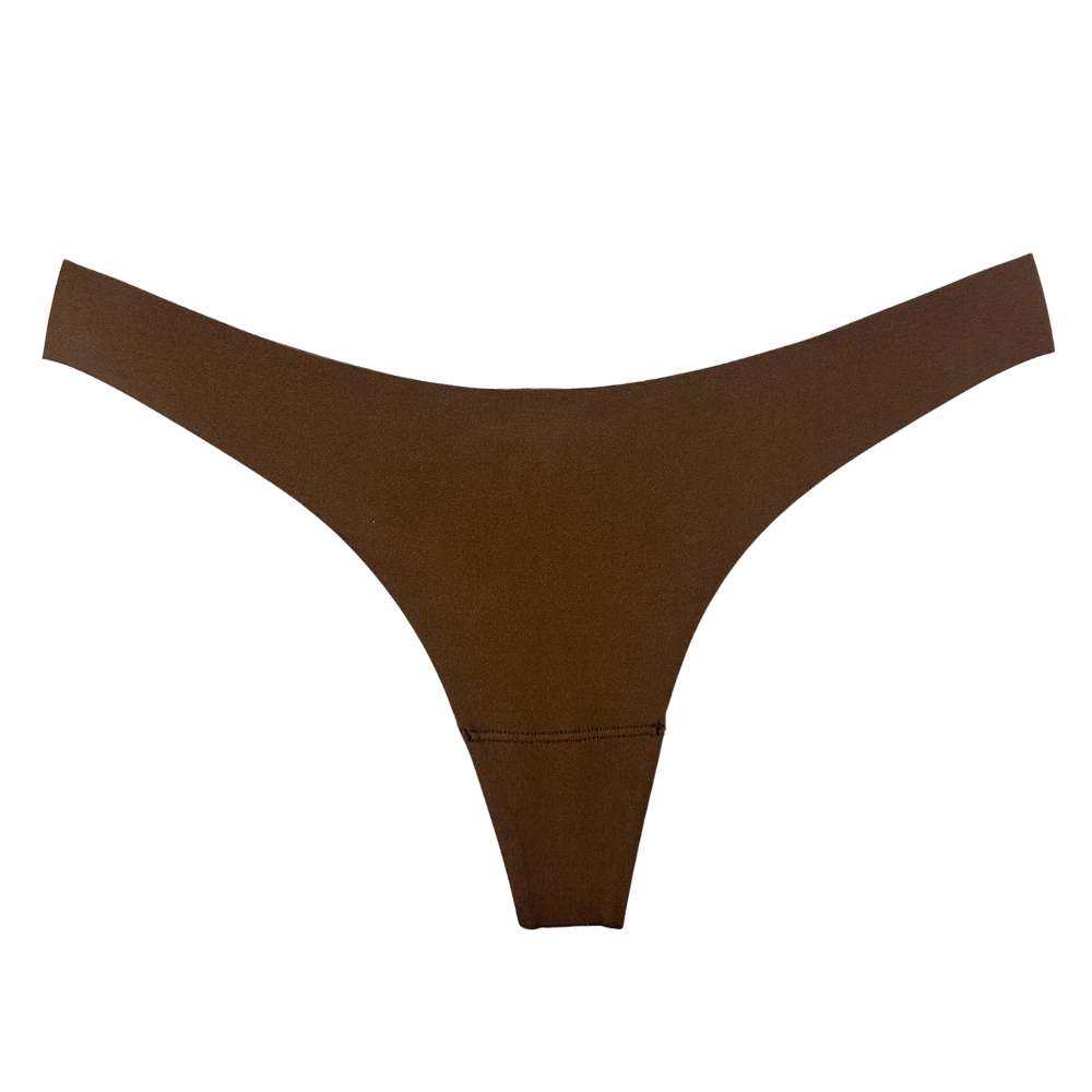 A pair of low-rise, thong-style underwear in a solid dark brown color, shown flat against a plain white background.