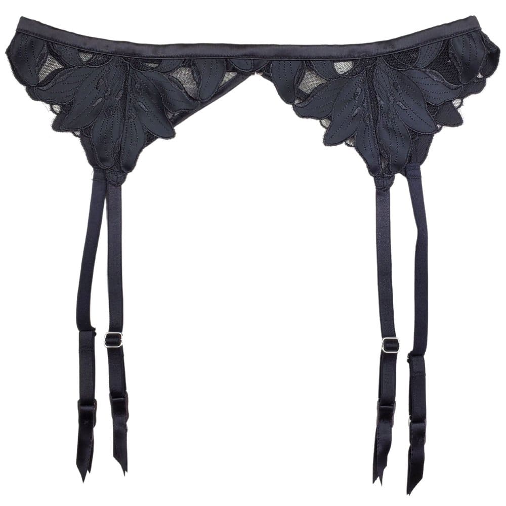 Fleur du mal lily lace garter belt in black, close-up on white background.