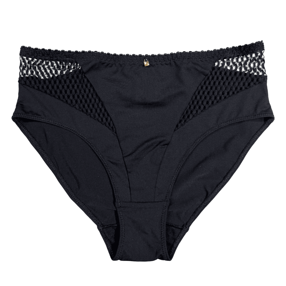 Black underwear with mesh sides on a white background