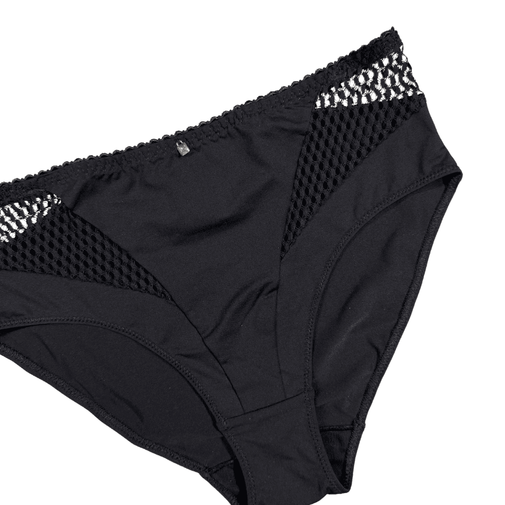 Black underwear with mesh sides on a white background