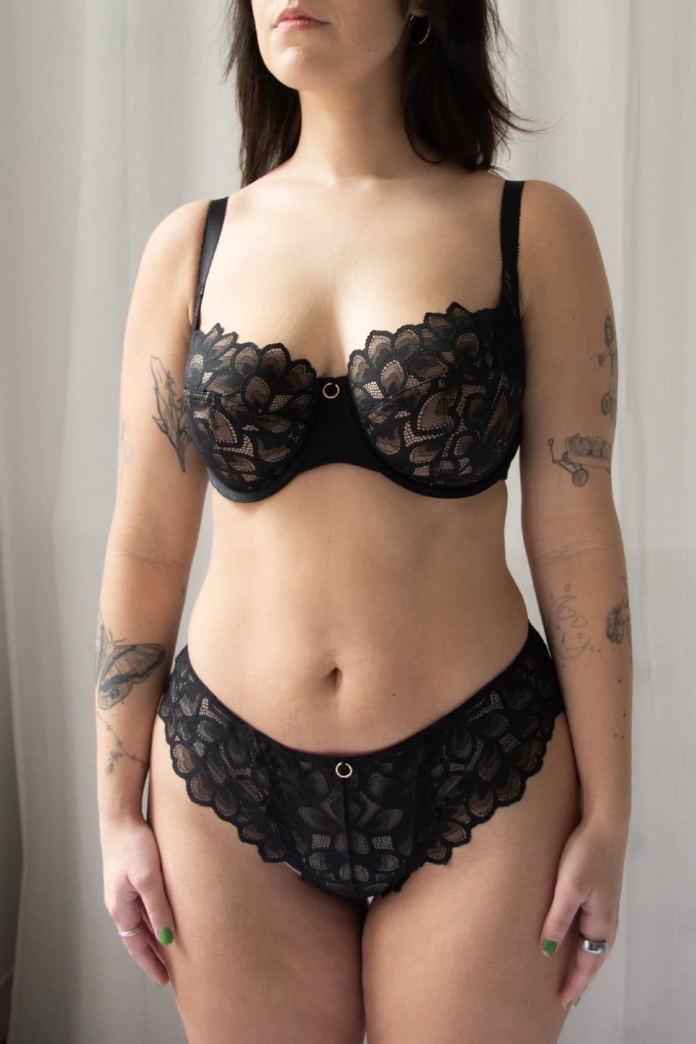 Panache allure demi balcony bra in black, front view on a model.