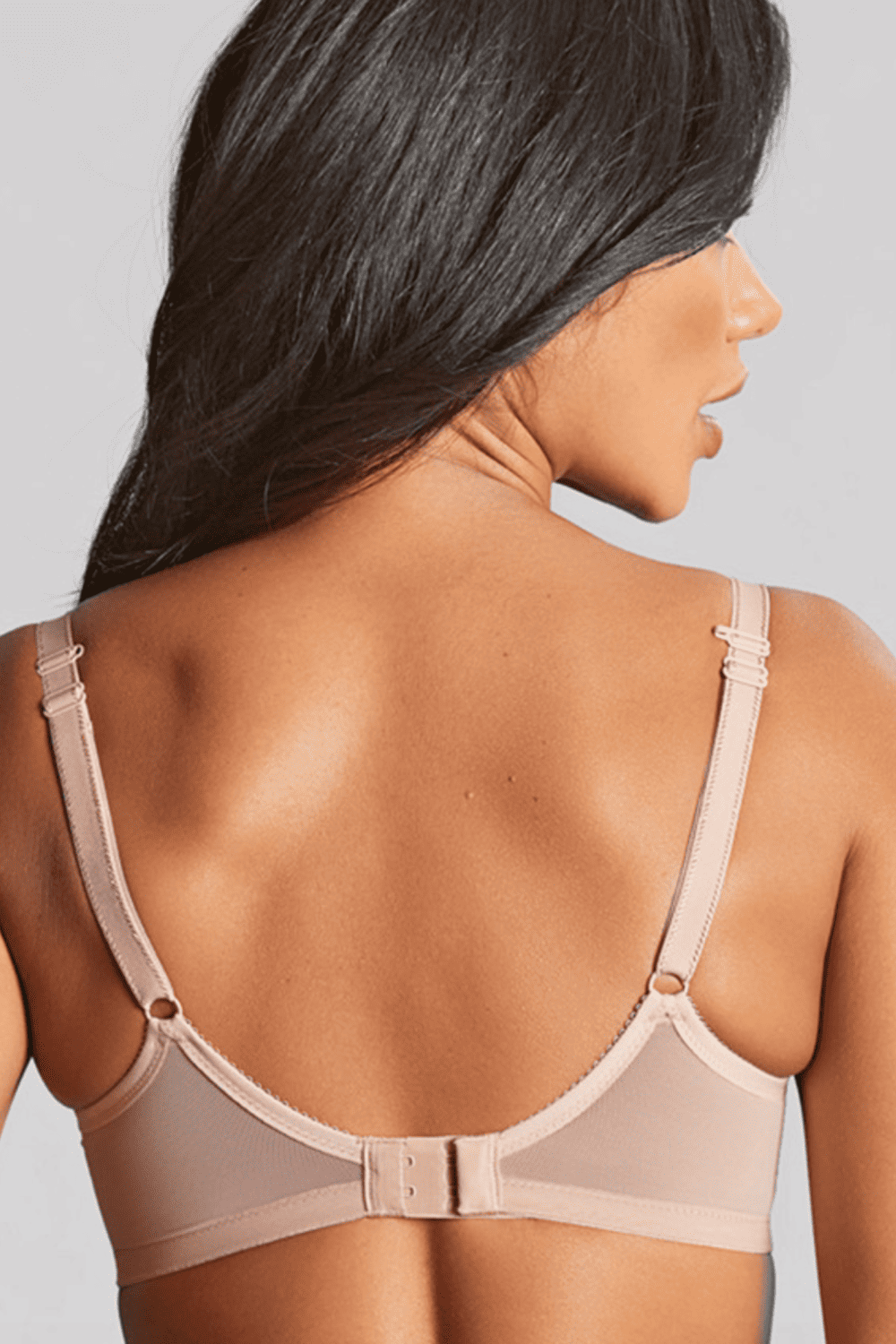 Panache cari spacer t-shirt bra in champagne, back view on a model, close-up.