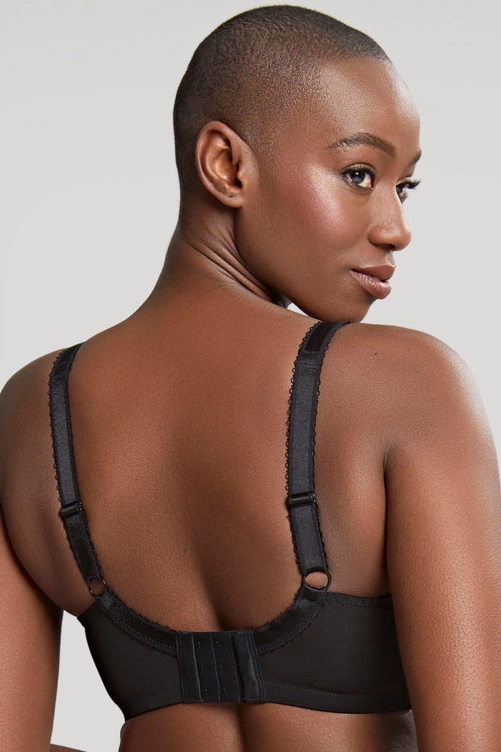 Panache clara full cup bra in charcoal black, back view on a model, close-up.