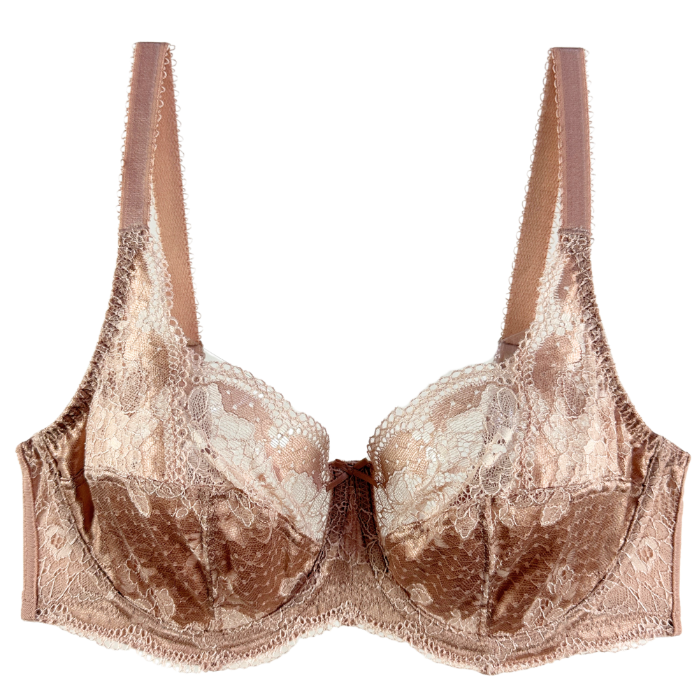 A lace and satin bra in a warm metallic taupe-brown color, featuring intricate floral lace overlays and wide shoulder straps, shown against a plain white background.