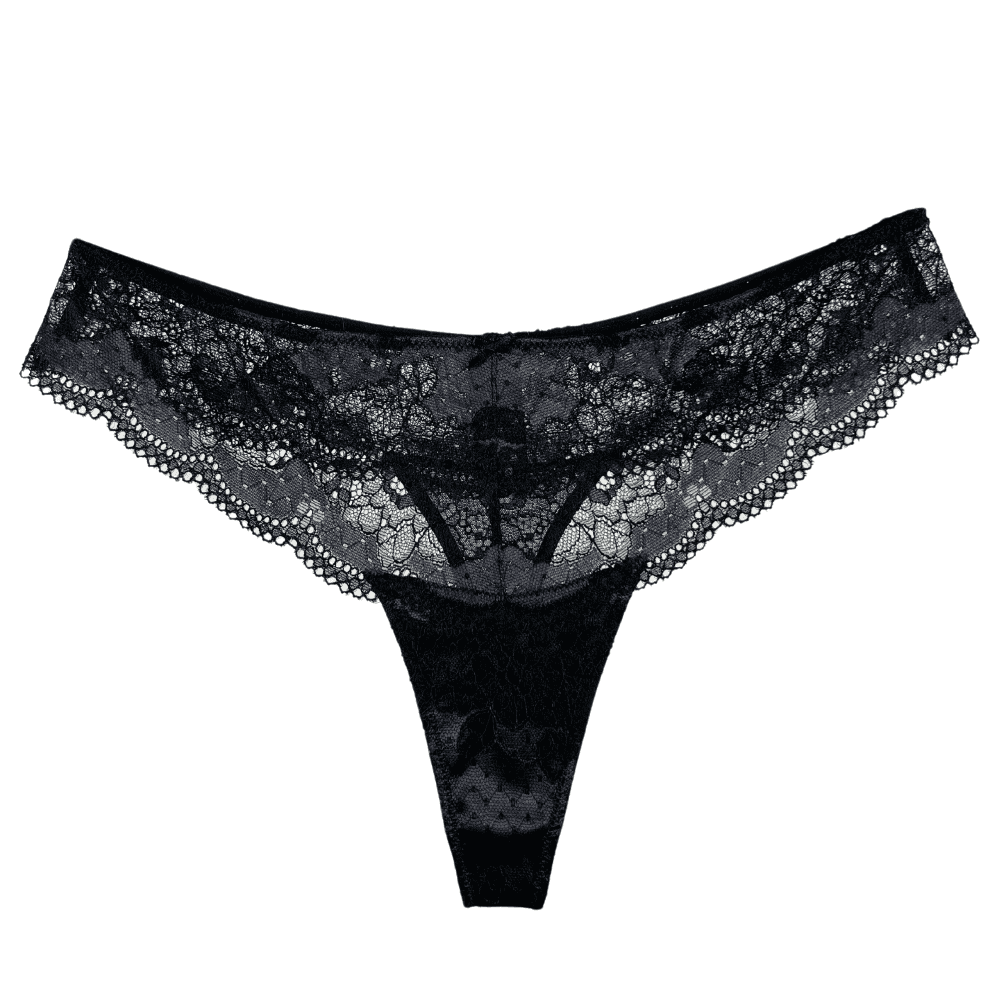 Panache clara thong in black charcoal, close-up on white background.