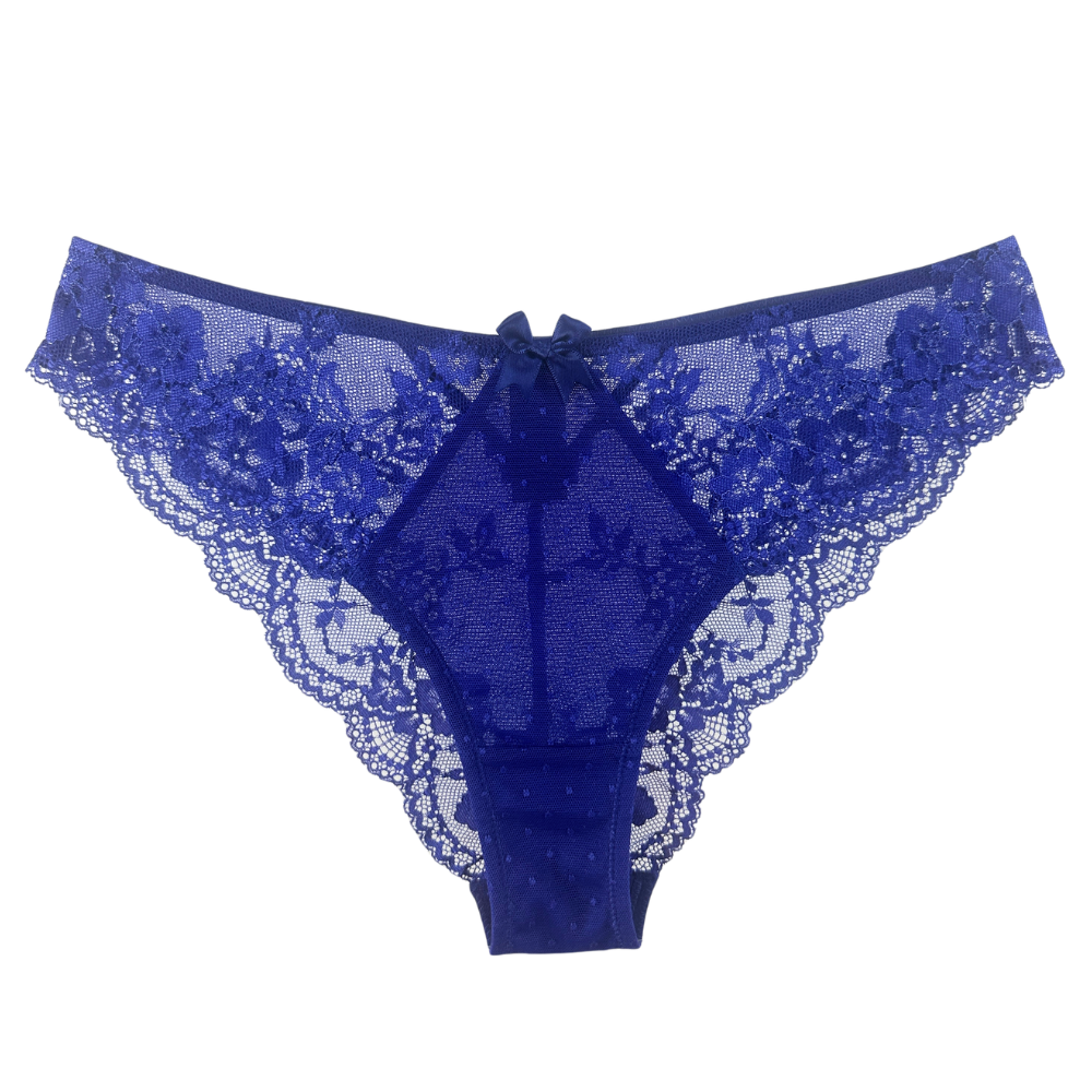 A pair of royal blue lace thong panties with a bow at the center front, displayed against a solid white background.