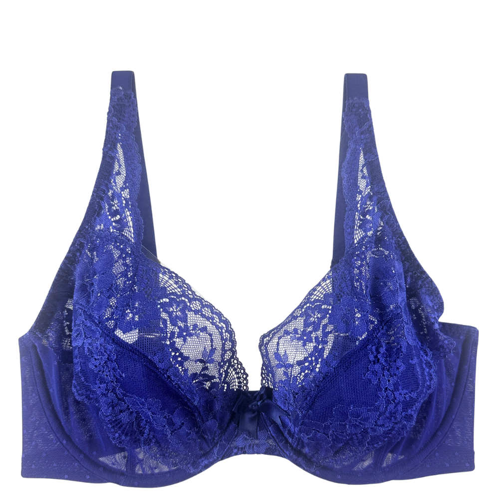 A royal blue lace underwire bra with wide shoulder straps, shown against a plain white background.