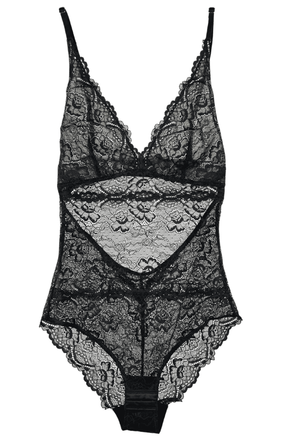 Samantha chang all lace bodysuit in black, close-up on white background.