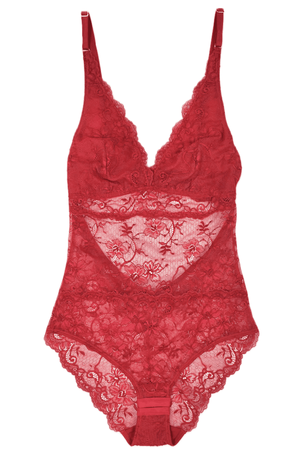 Samantha chang all lace bodysuit in true red, close-up on white background.