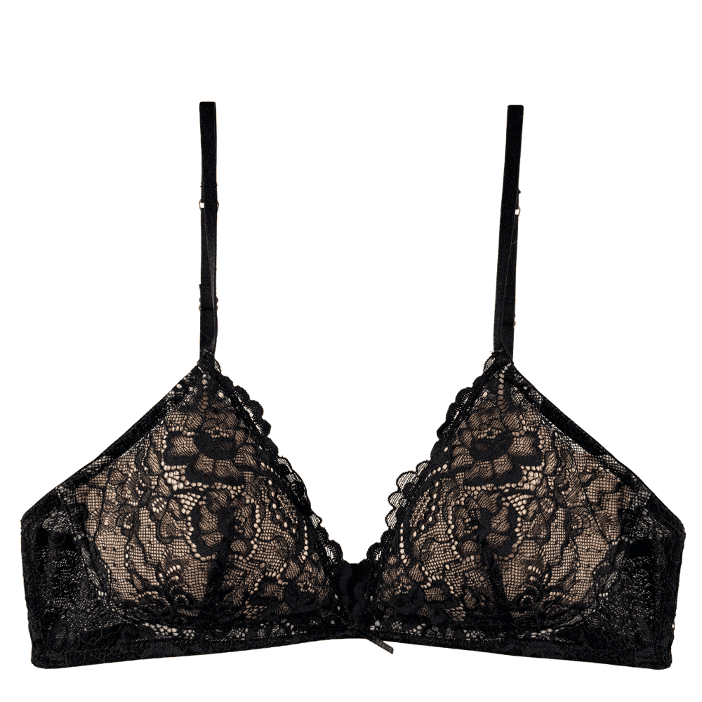 Samantha chang all lace classic bralette in black, front view on white background, close-up.