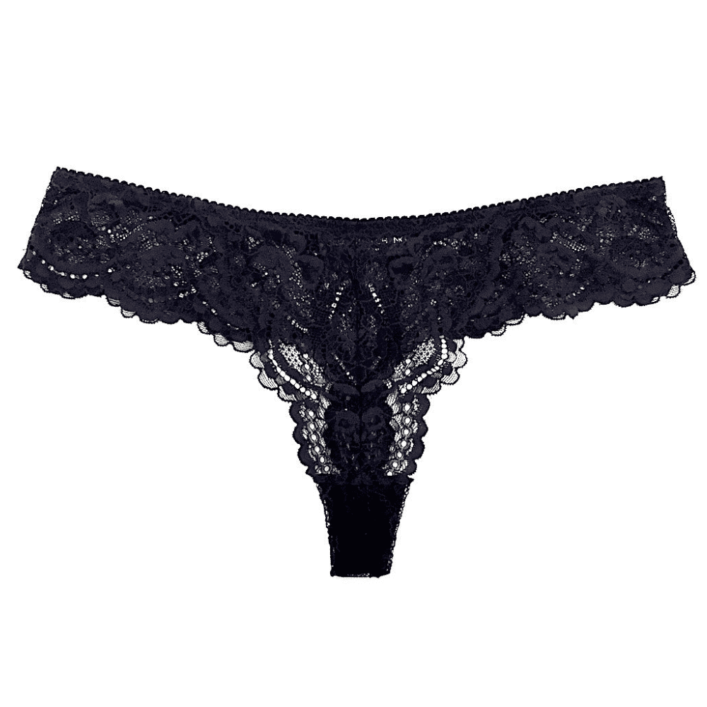Samantha chang all lace classic thong in black, front view on white background, close-up.
