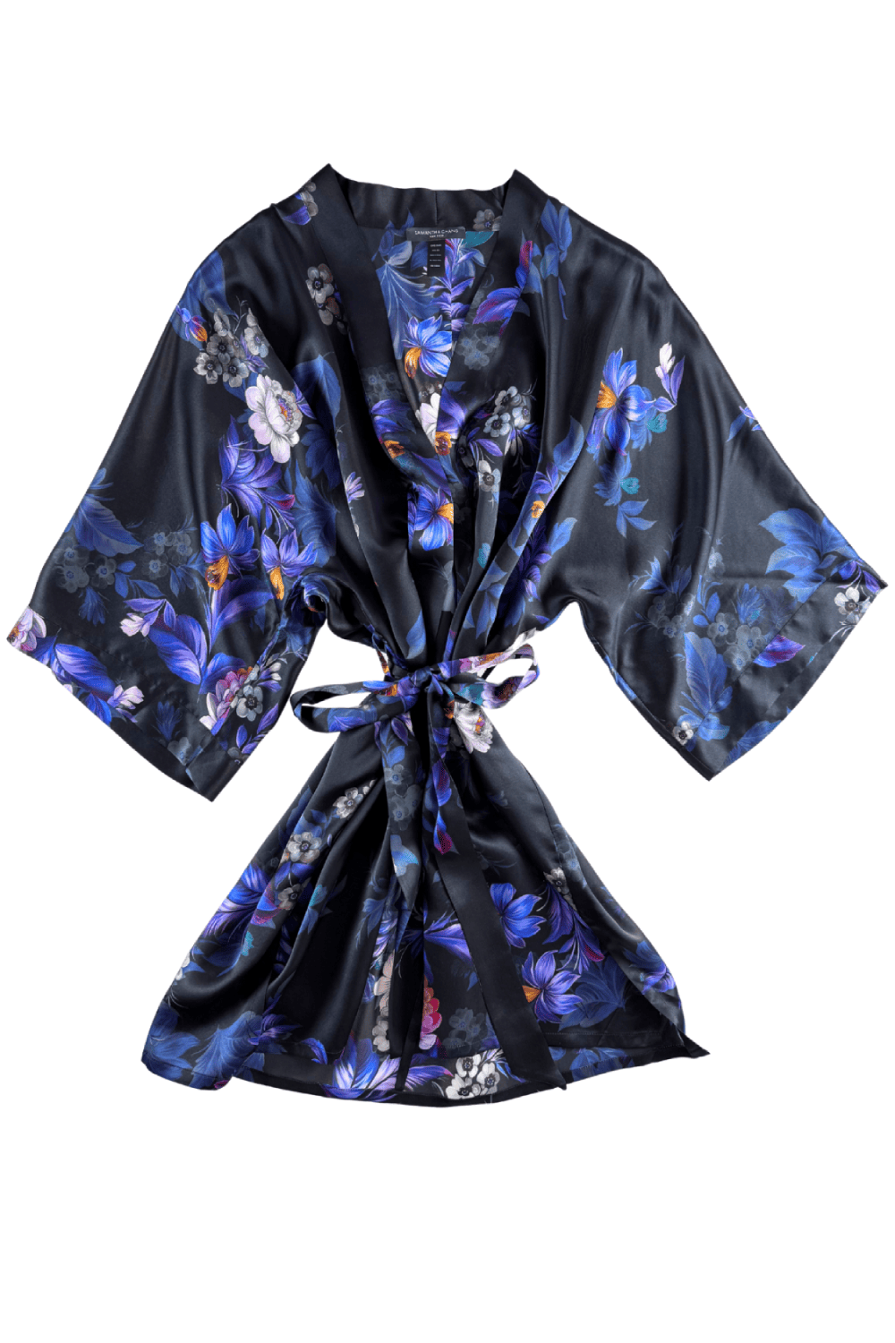 Samantha chang classic silk short kimono in enchanted blossoms-1, front view on a model, close-up.
