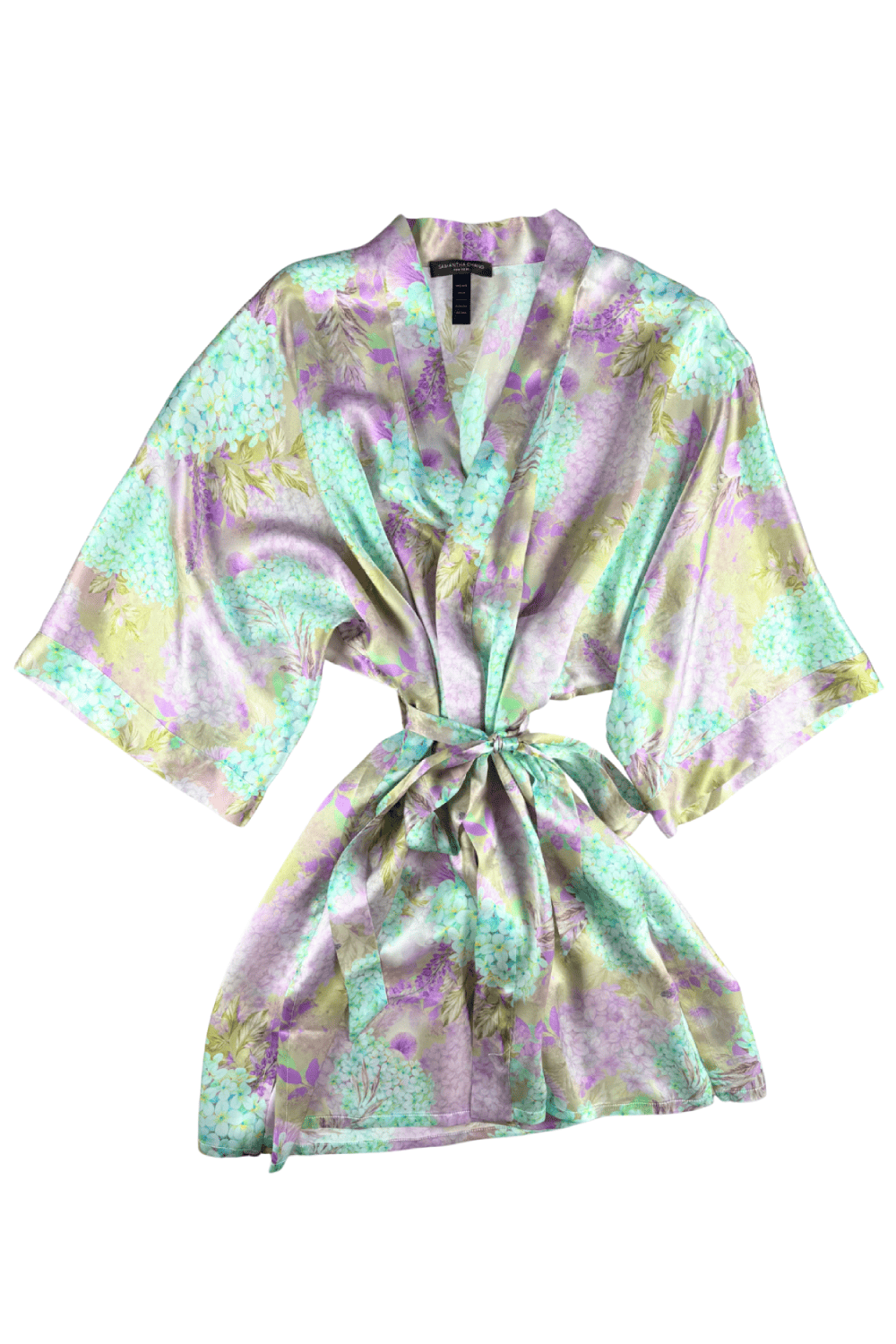 Samantha chang classic silk short kimono in forget me not, front view on white background, close-up.