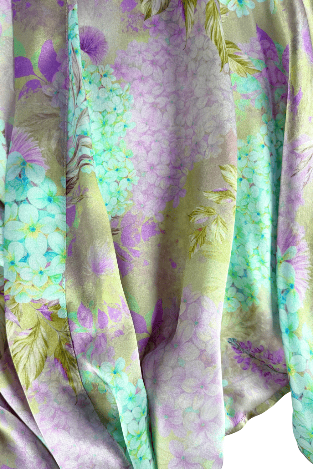 Samantha chang classic silk short kimono in forget me not, close-up detailed view on white background.