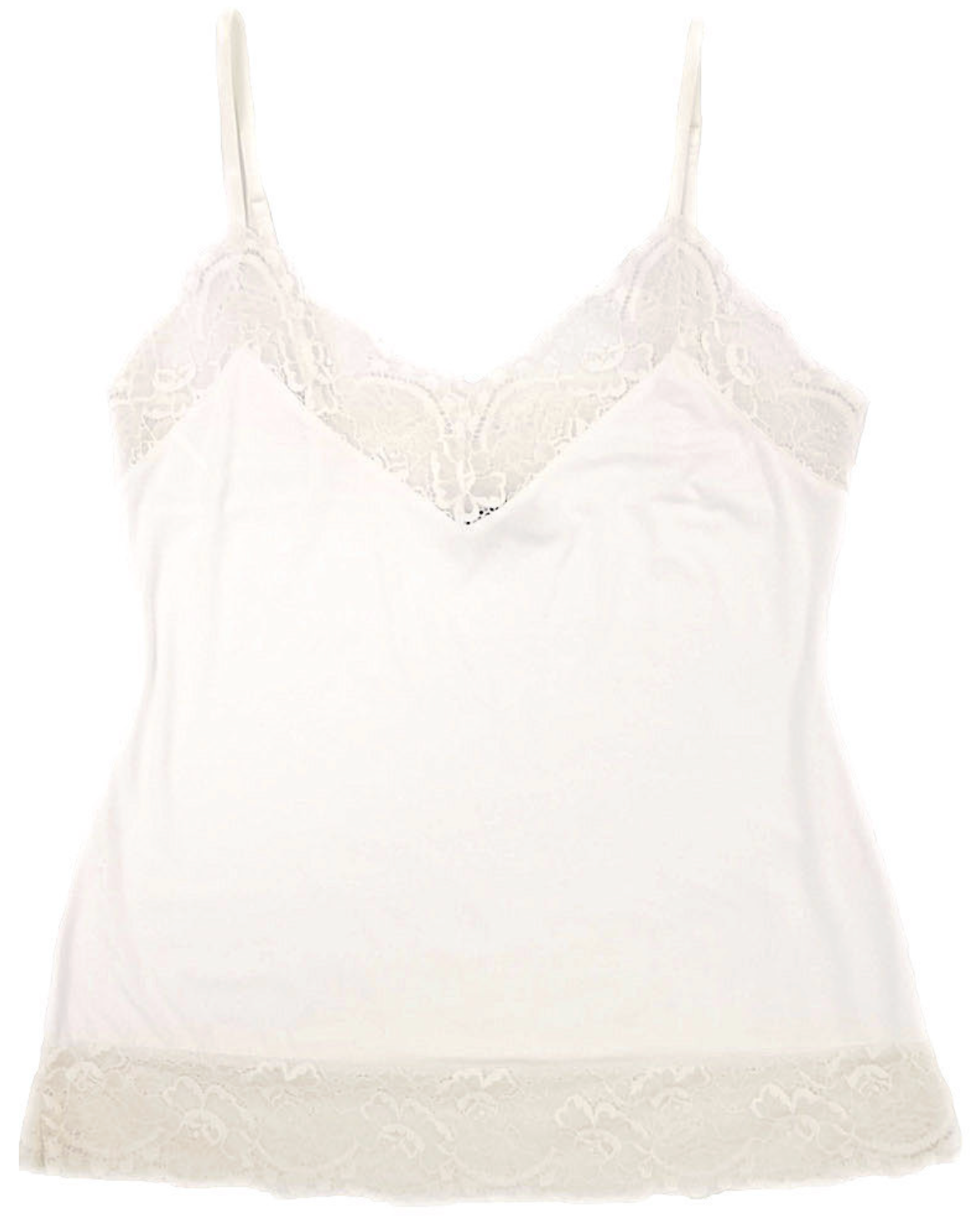 White lace-trimmed camisole on a white background
