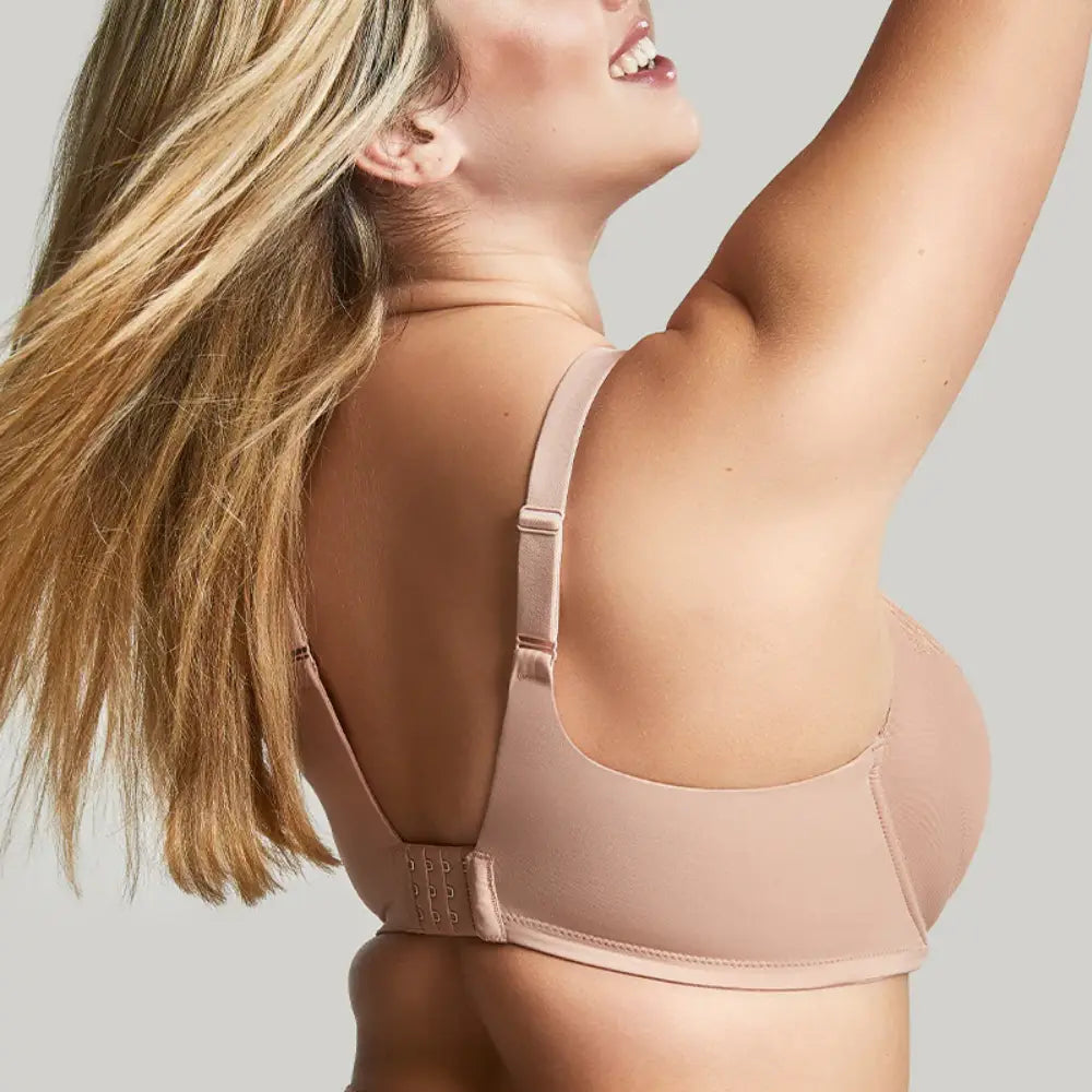 Sculptresse bliss full cup bra in hazel, back-side view on a model, close-up.