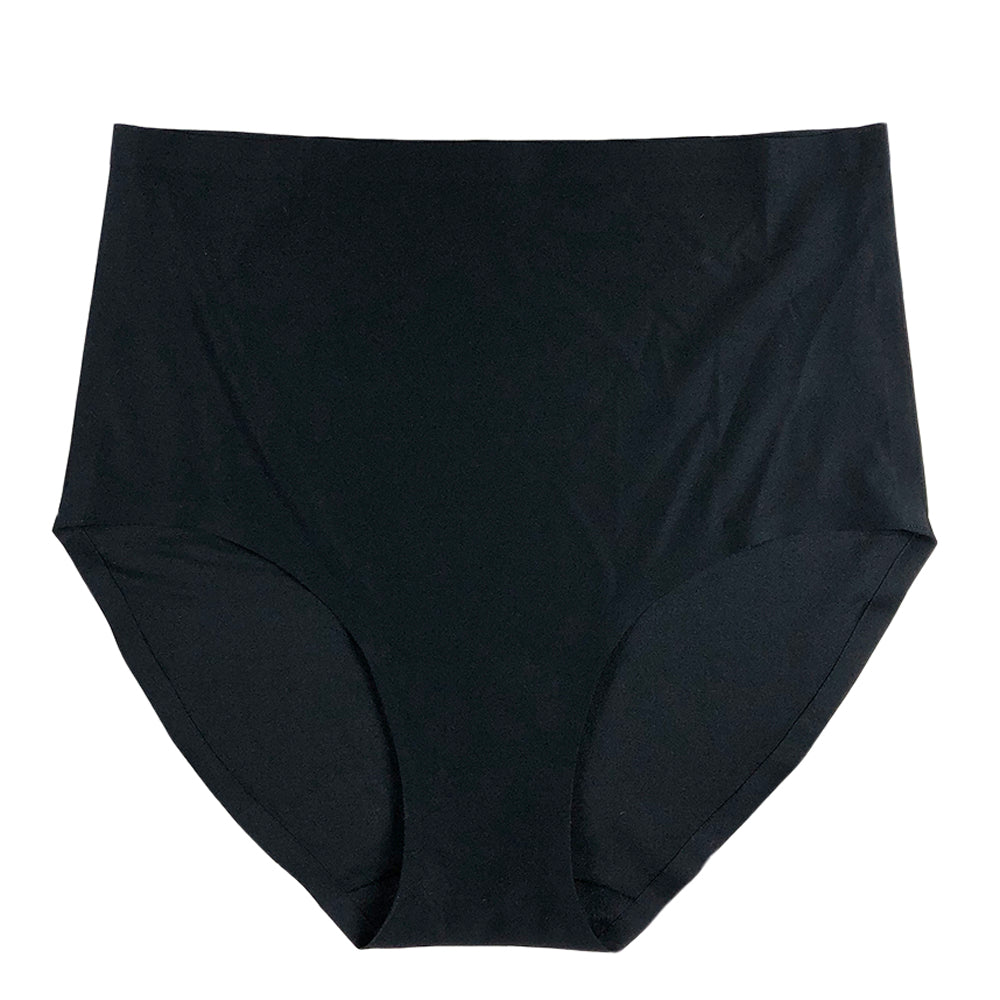 A high-waisted black brief with fully opaque coverage and laser-cut edges.