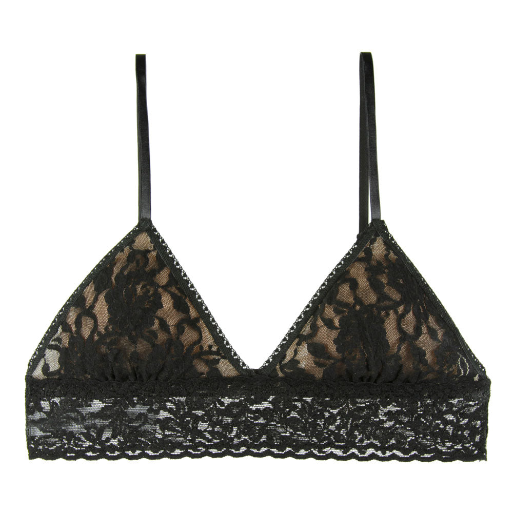 A black lace wireless bralette with adjustable straps and removable padding.