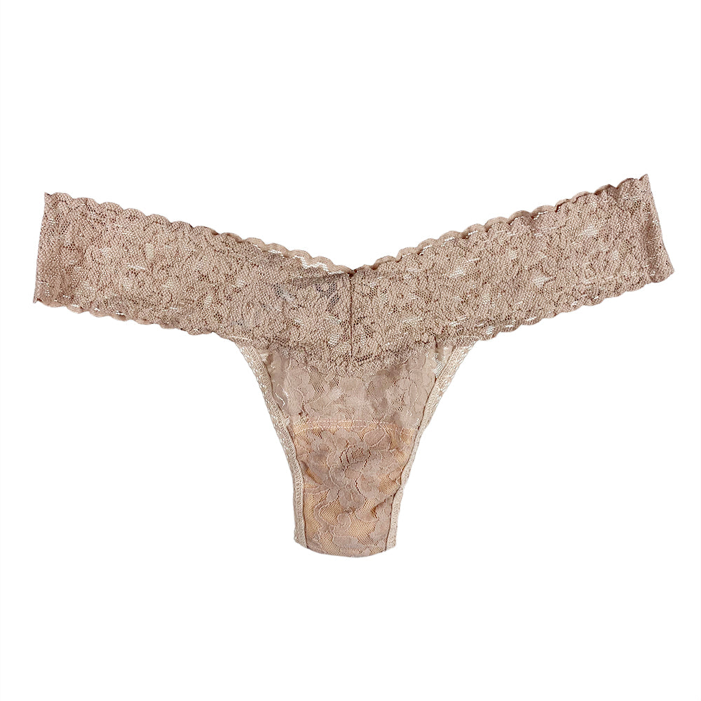 A purple Hanky Panky Signature Lace Low Rise Thong with a stretchy waistband and wide lace sides.