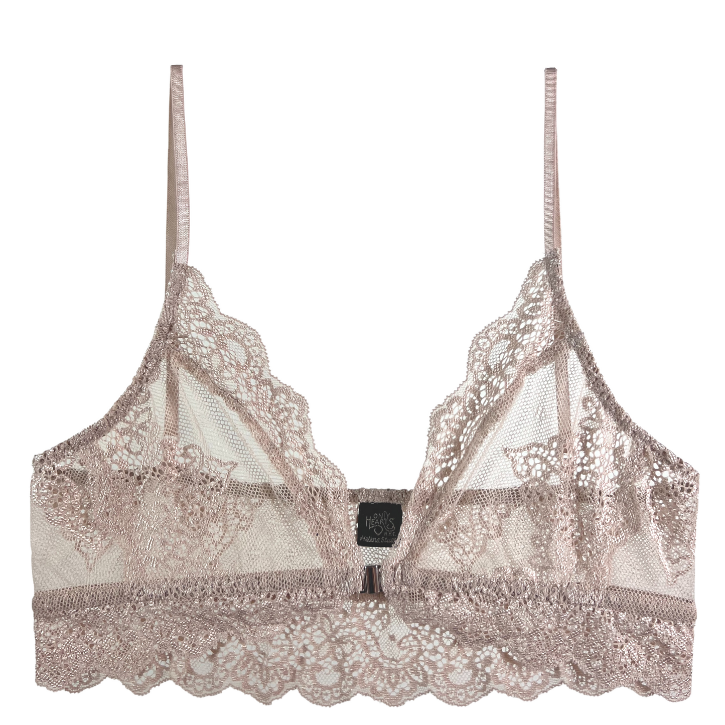 A beige lace bralette with adjustable straps, delicate scalloped detailing, and a front hook closure.