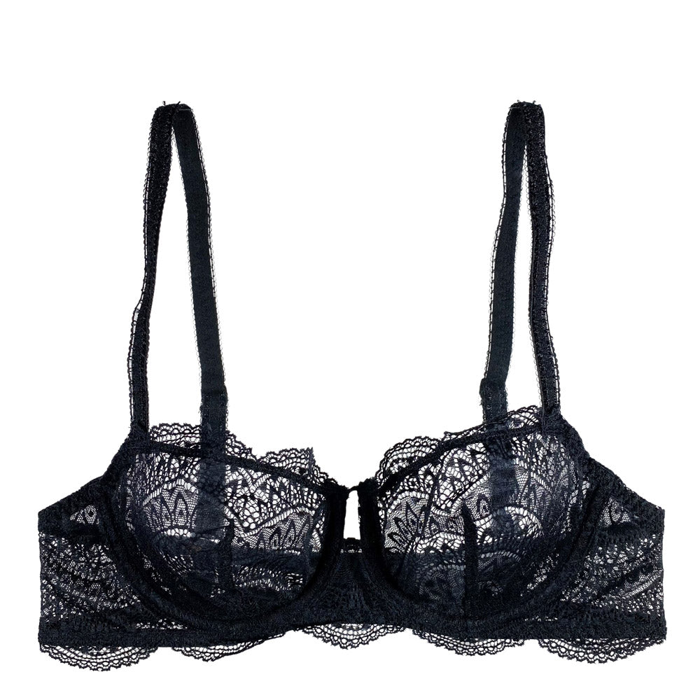 A black, unlined lace demi cup bra with straight across balcony style, wide-set adjustable straps, and convertible for a racerback fit.