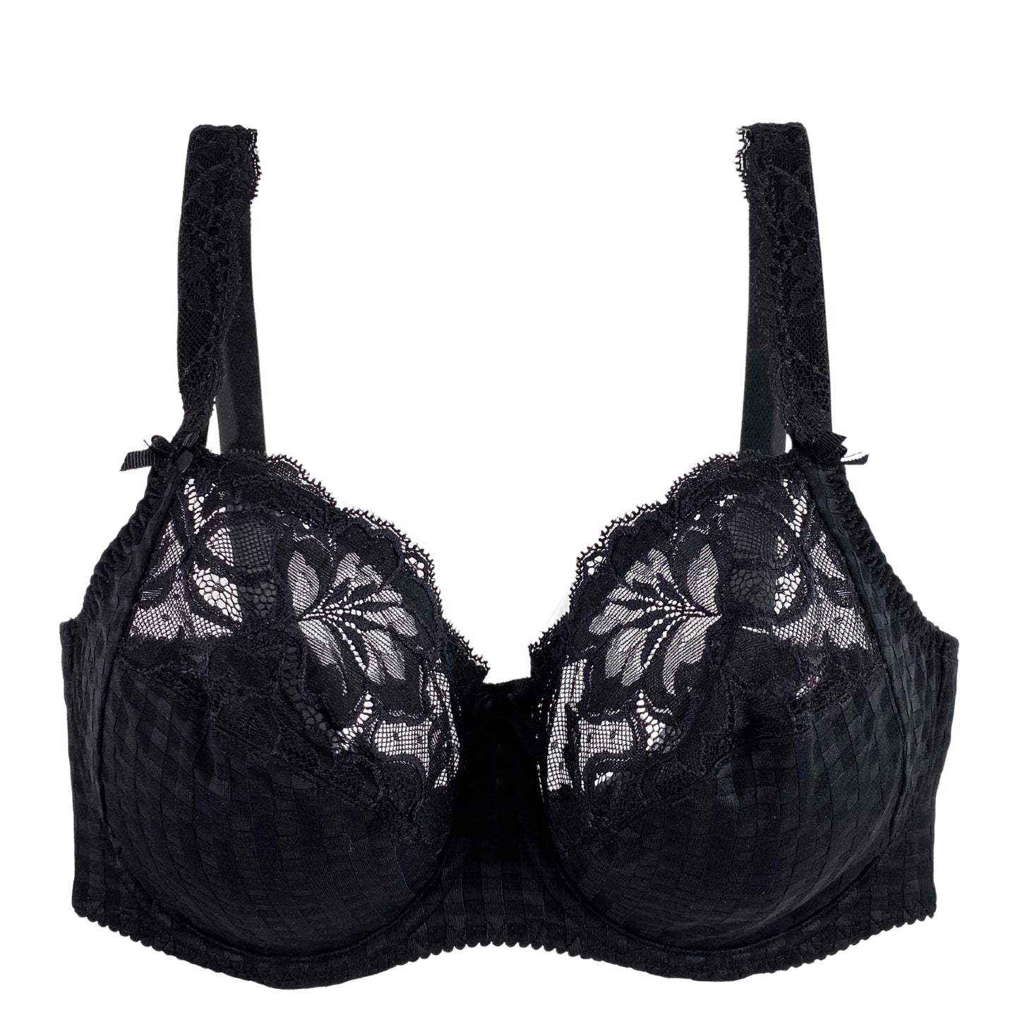 A black lace full cup bra with adjustable straps and a firm structure.